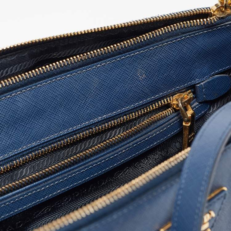Pre Owned Prada Blue Saffiano Lux Leather Medium Double Zip Tote