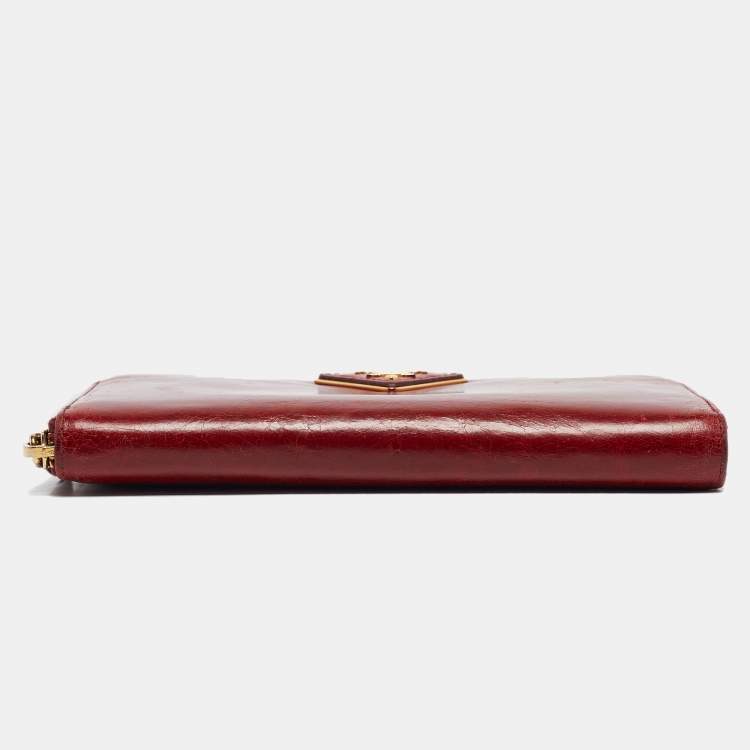 Pre Owned Prada Red Vitelo Shine Leather Logo Zip Continental Wallet