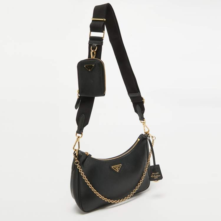 Pre Owned Prada Black Saffiano Lux Leather Nylon Re-Edition 2005 Bag