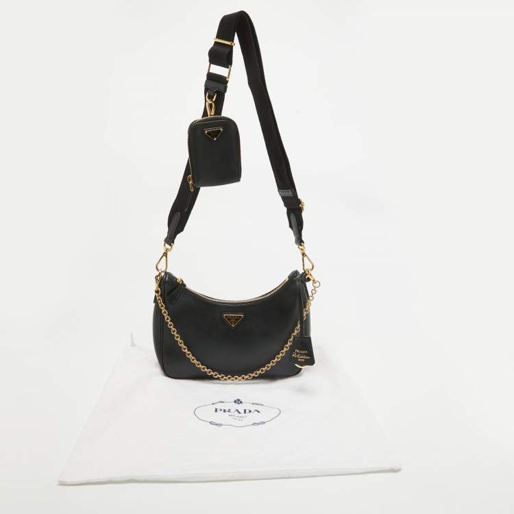 Pre Owned Prada Black Saffiano Lux Leather Nylon Re-Edition 2005 Bag