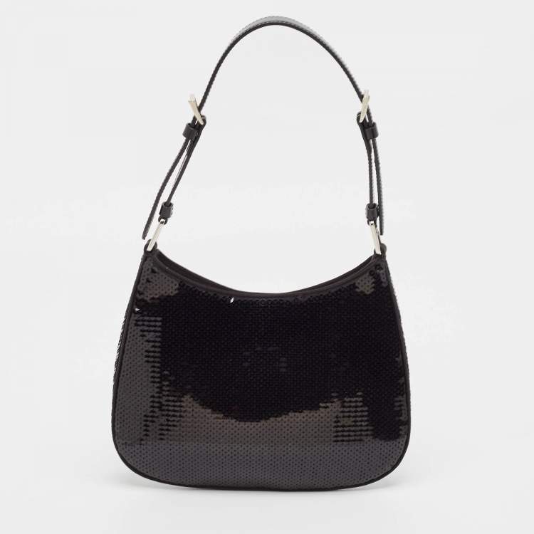 Pre Owned Prada Black Satin and Sequins Small Cleo Hobo