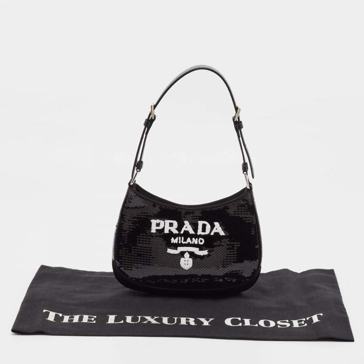 Pre Owned Prada Black Satin and Sequins Small Cleo Hobo