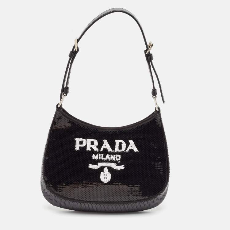 Pre Owned Prada Black Satin and Sequins Small Cleo Hobo