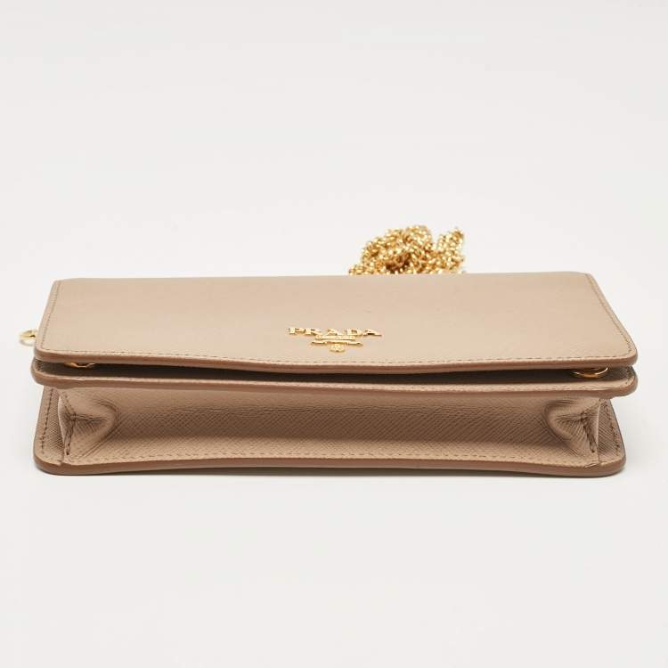 Pre Owned Prada Beige Saffiano Leather Flap Wallet On Chain