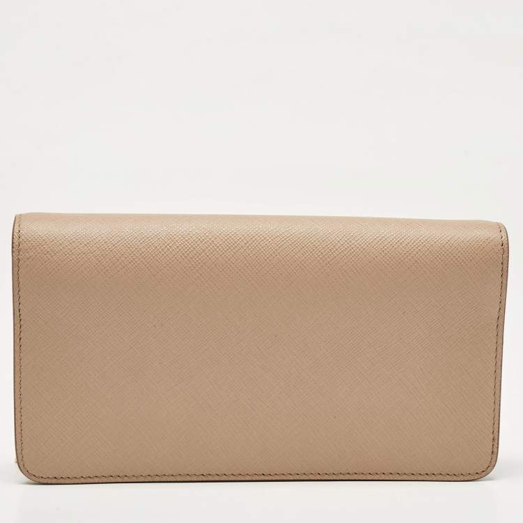 Pre Owned Prada Beige Saffiano Leather Flap Wallet On Chain