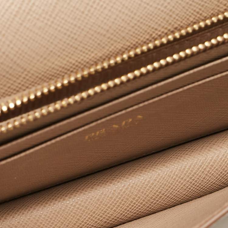 Pre Owned Prada Beige Saffiano Leather Flap Wallet On Chain