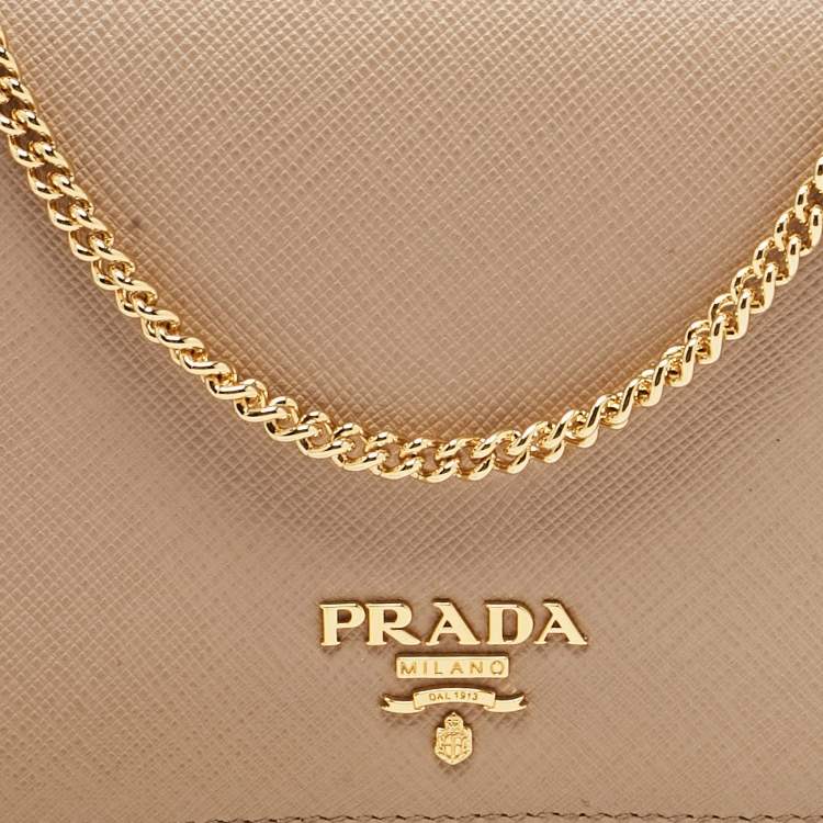 Pre Owned Prada Beige Saffiano Leather Flap Wallet On Chain