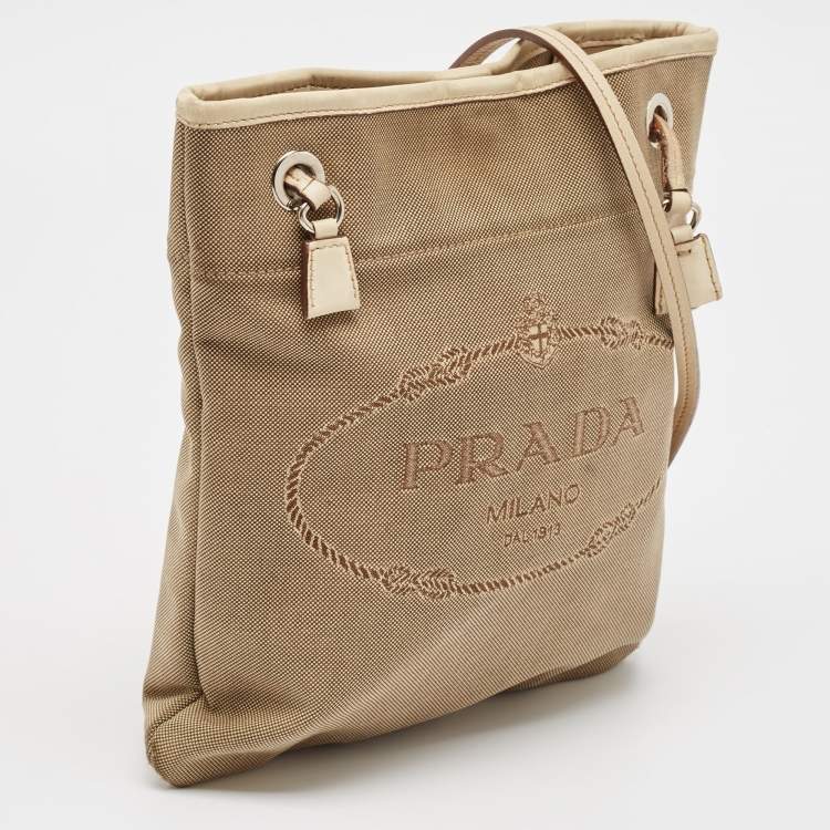 Pre Owned Prada Beige Canvas Jacquard Logo Crossbody Bag
