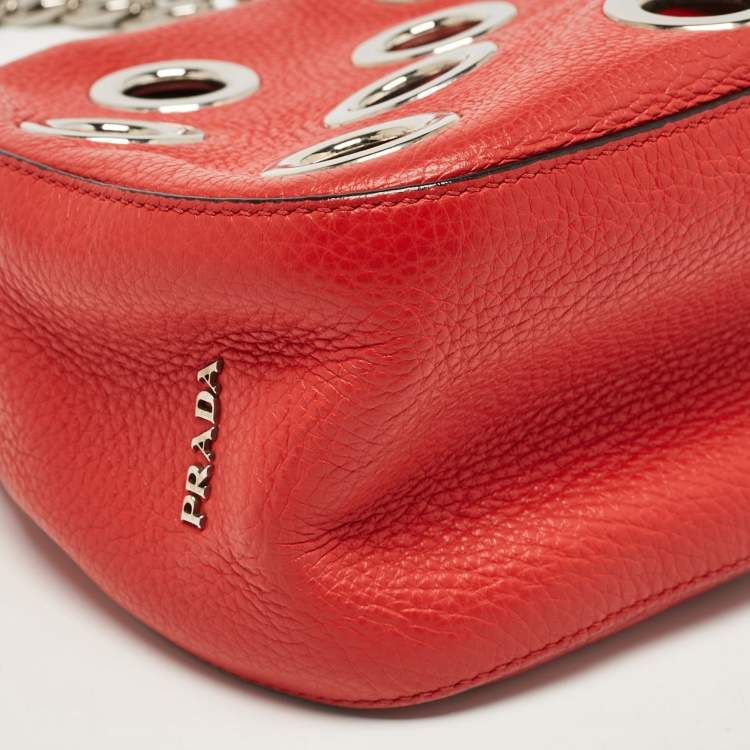 Pre Owned Prada Red Leather Grommet Shoulder Bag