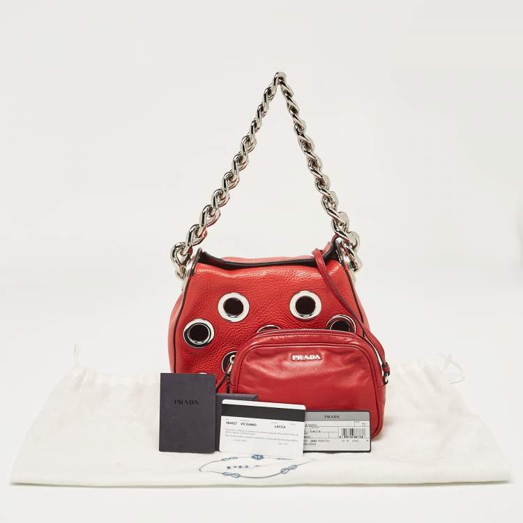 Pre Owned Prada Red Leather Grommet Shoulder Bag