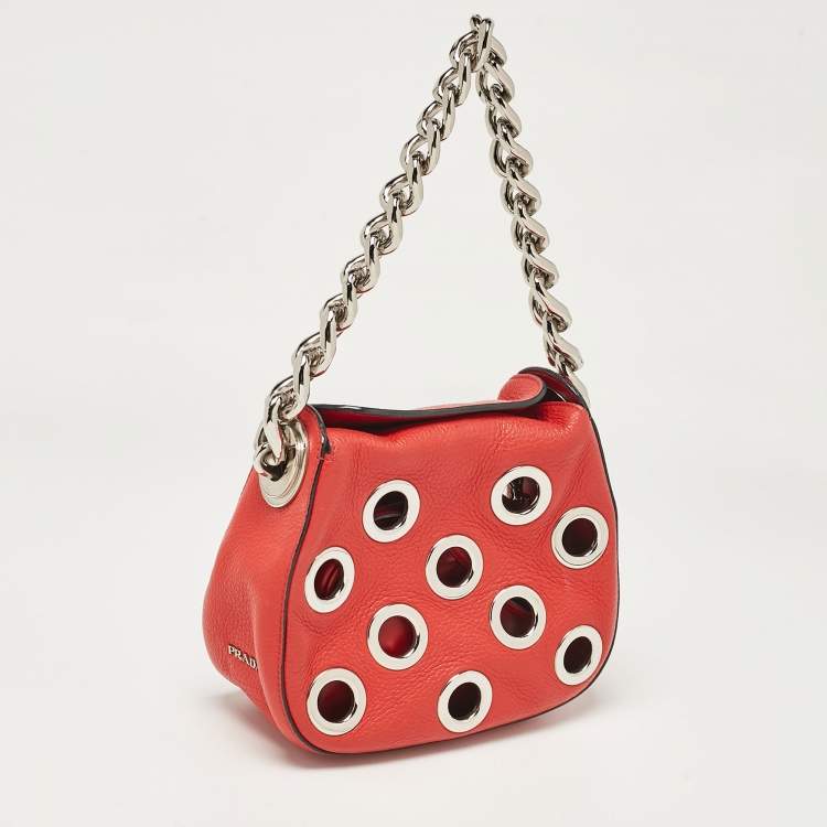 Pre Owned Prada Red Leather Grommet Shoulder Bag