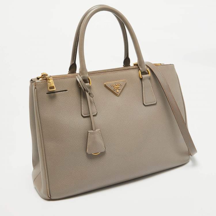 Pre Owned Prada Grey Saffiano Lux Leather Medium Double Zip Tote