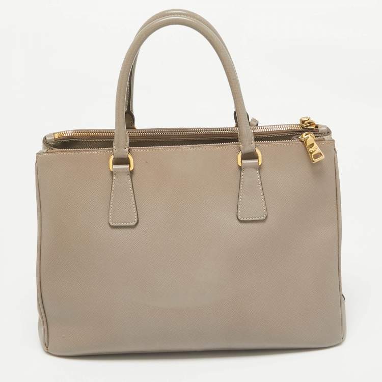Pre Owned Prada Grey Saffiano Lux Leather Medium Double Zip Tote