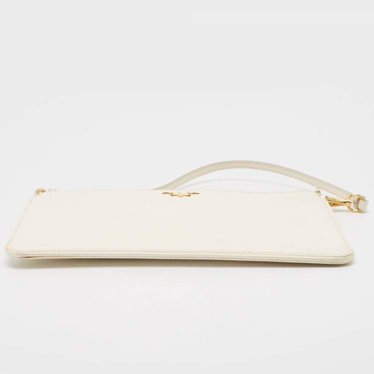 Pre Owned Prada White Saffiano Lux Leather Slim Pochette Bag
