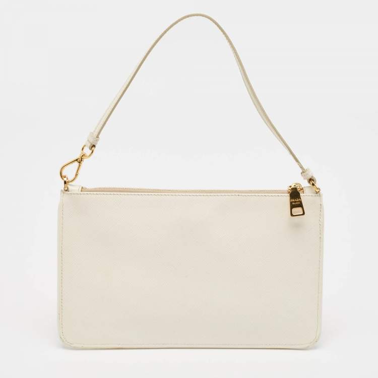 Pre Owned Prada White Saffiano Lux Leather Slim Pochette Bag