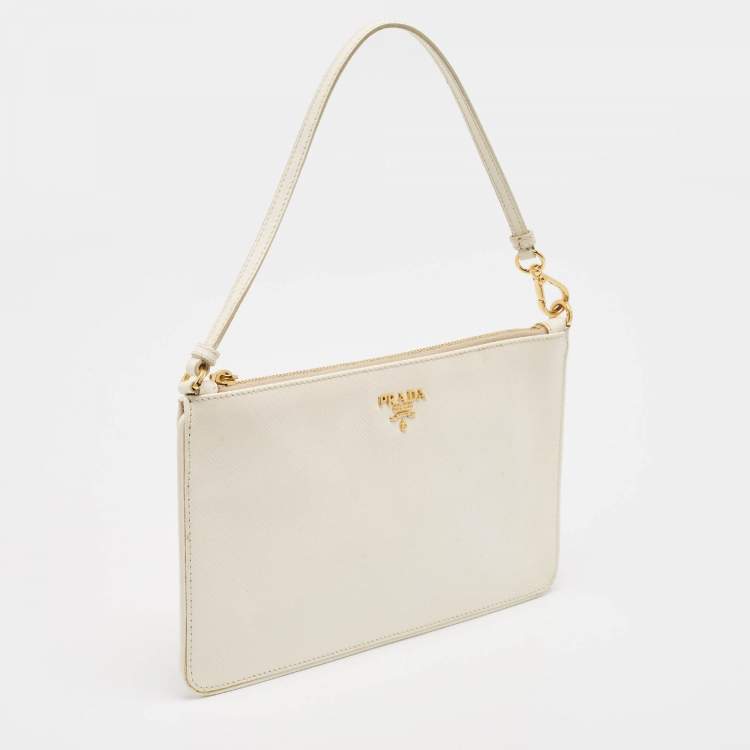 Pre Owned Prada White Saffiano Lux Leather Slim Pochette Bag