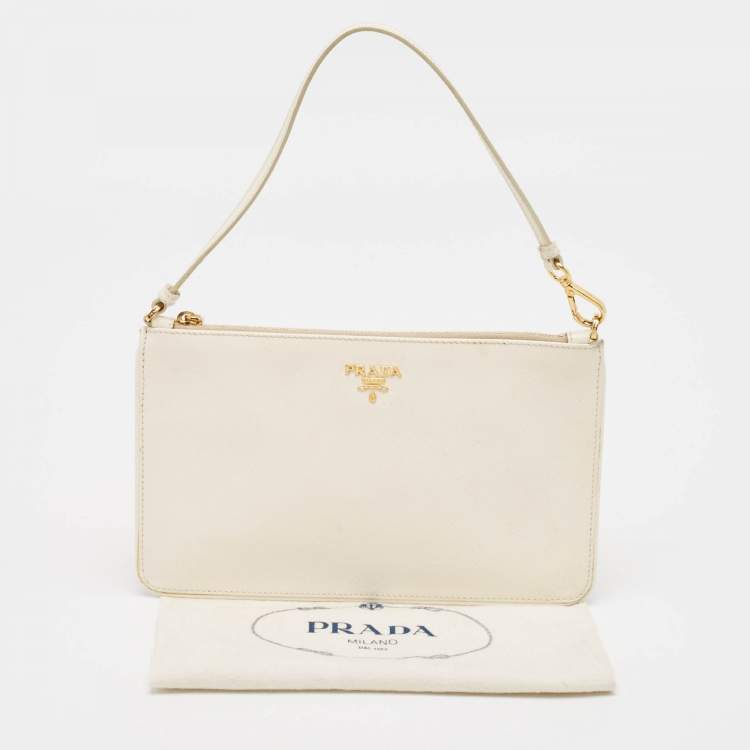 Pre Owned Prada White Saffiano Lux Leather Slim Pochette Bag