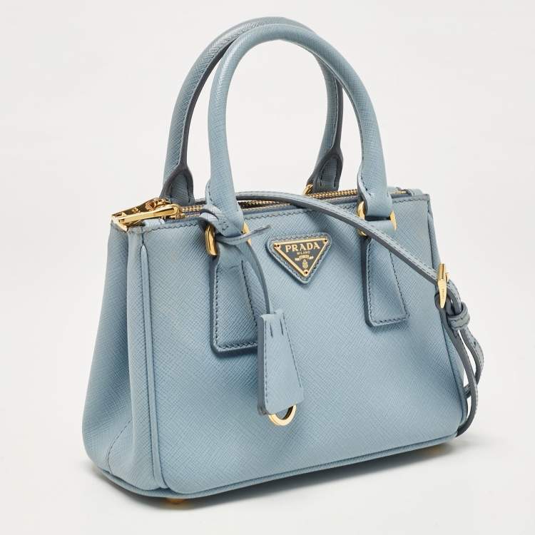 Pre Owned Prada Light Blue Saffiano Lux Leather Mini Double Zip Crossbody Bag