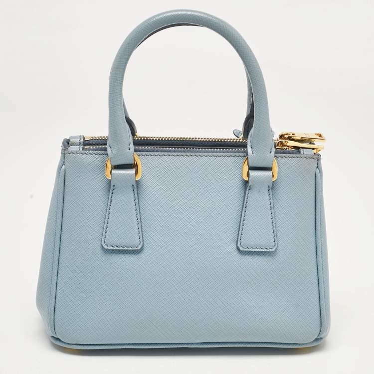 Pre Owned Prada Light Blue Saffiano Lux Leather Mini Double Zip Crossbody Bag