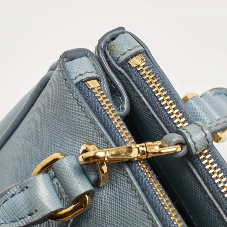 Pre Owned Prada Light Blue Saffiano Lux Leather Mini Double Zip Crossbody Bag