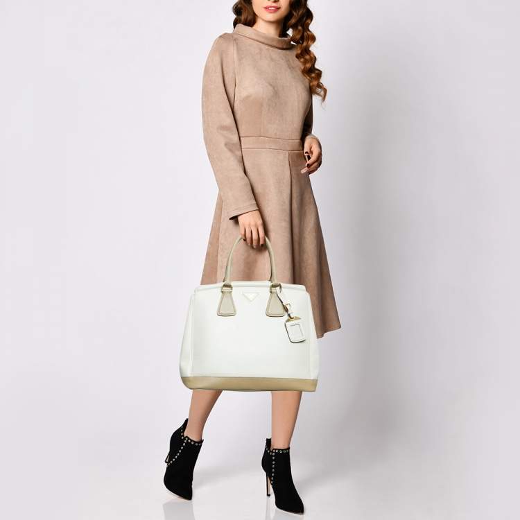 Pre Owned Prada White/Khaki Saffiano Leather Parabole Tote