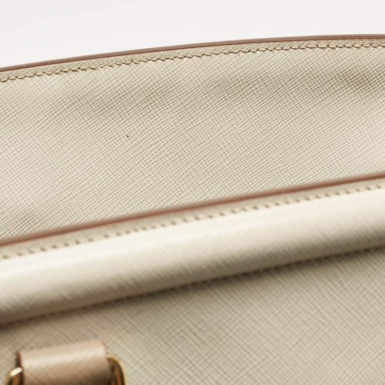 Pre Owned Prada White/Khaki Saffiano Leather Parabole Tote