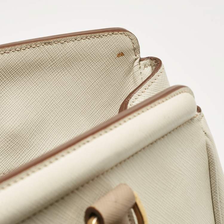 Pre Owned Prada White/Khaki Saffiano Leather Parabole Tote