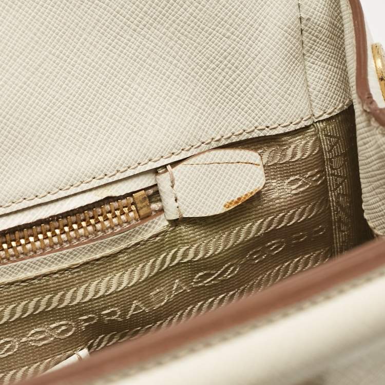 Pre Owned Prada White/Khaki Saffiano Leather Parabole Tote