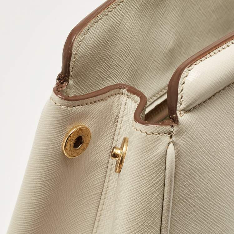 Pre Owned Prada White/Khaki Saffiano Leather Parabole Tote