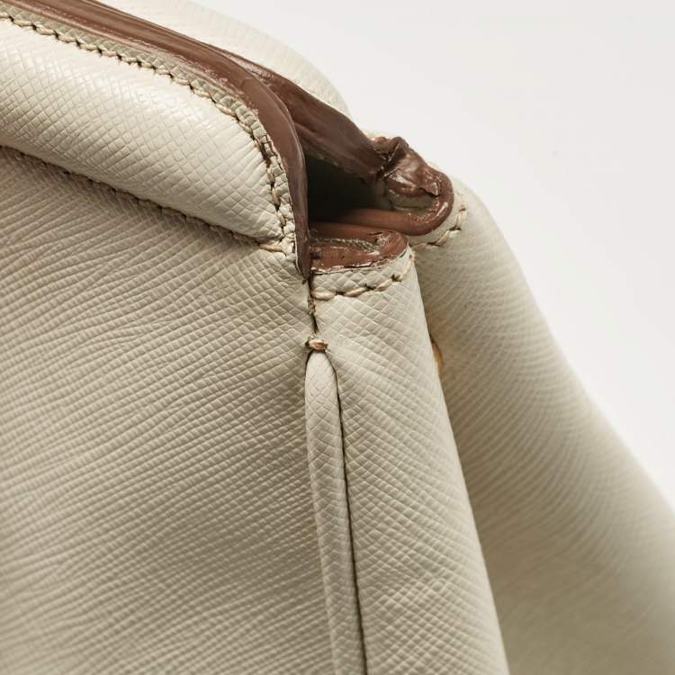 Pre Owned Prada White/Khaki Saffiano Leather Parabole Tote