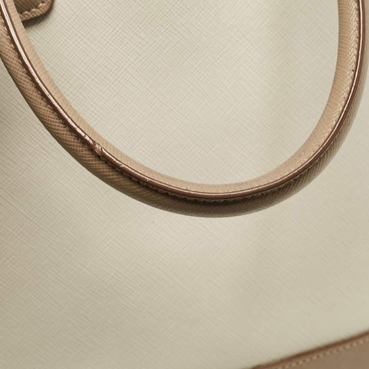 Pre Owned Prada White/Khaki Saffiano Leather Parabole Tote