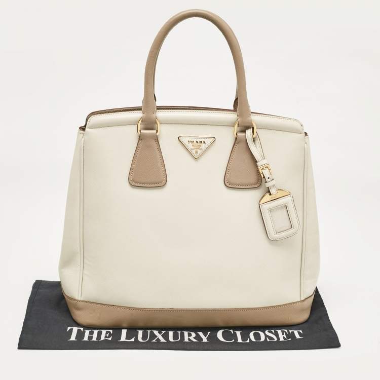 Pre Owned Prada White/Khaki Saffiano Leather Parabole Tote