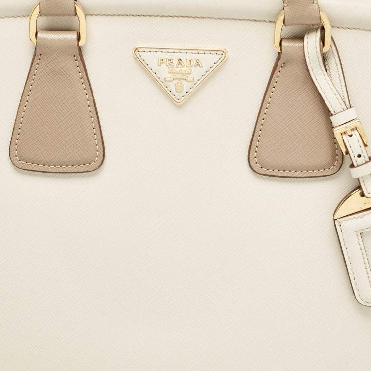 Pre Owned Prada White/Khaki Saffiano Leather Parabole Tote