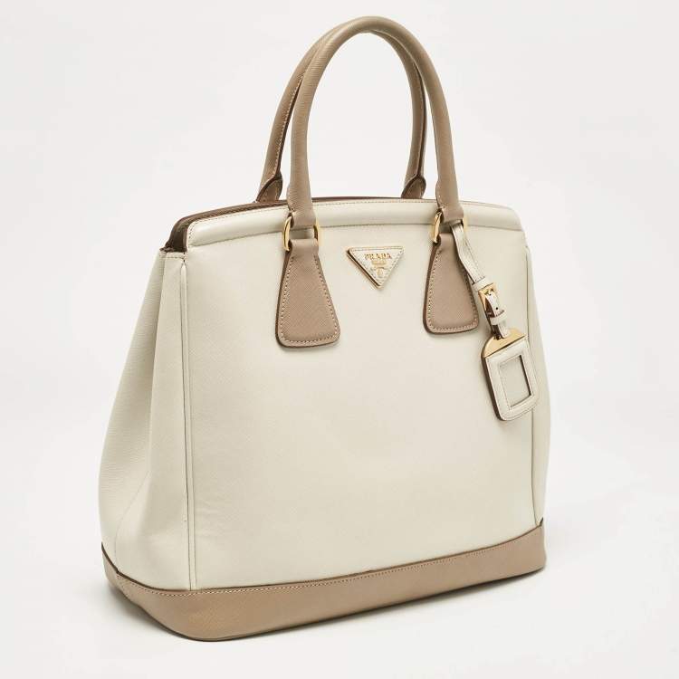Pre Owned Prada White/Khaki Saffiano Leather Parabole Tote