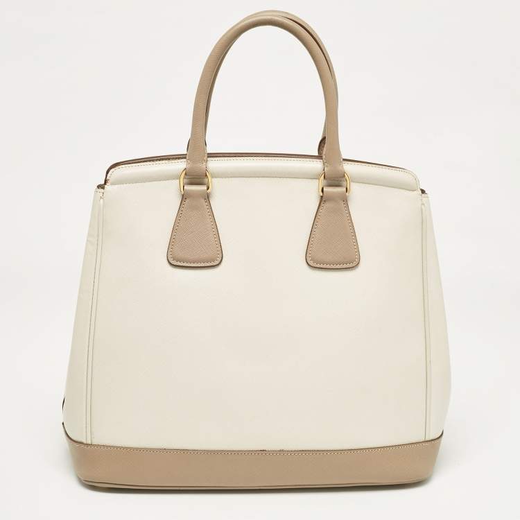 Pre Owned Prada White/Khaki Saffiano Leather Parabole Tote