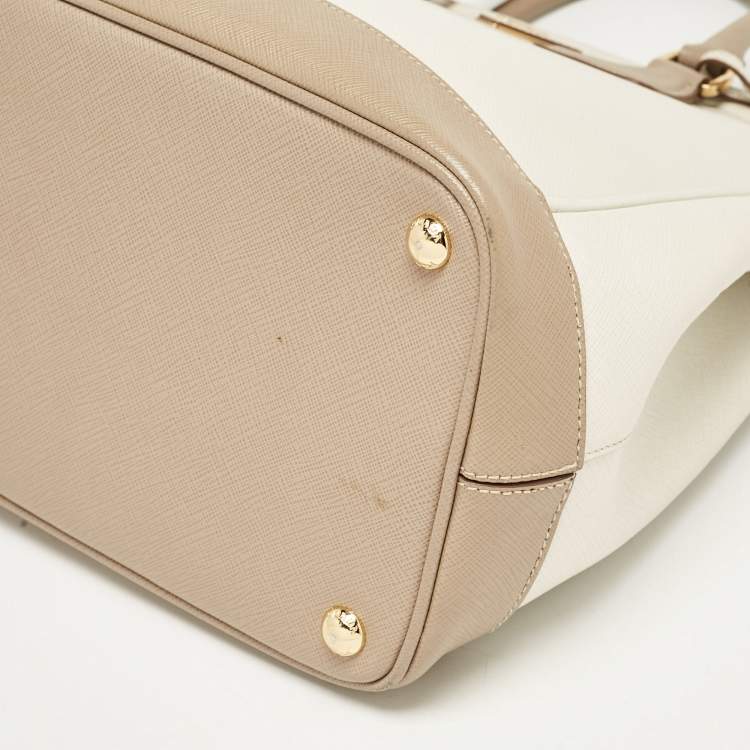 Pre Owned Prada White/Khaki Saffiano Leather Parabole Tote