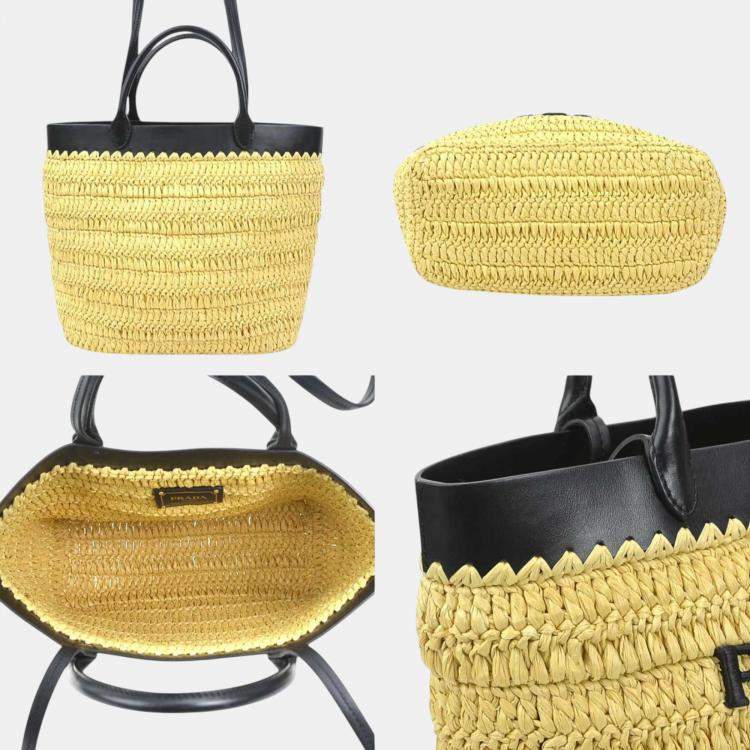 Pre Owned Prada Small Crochet x Leather Rayon Natural Black Handbag