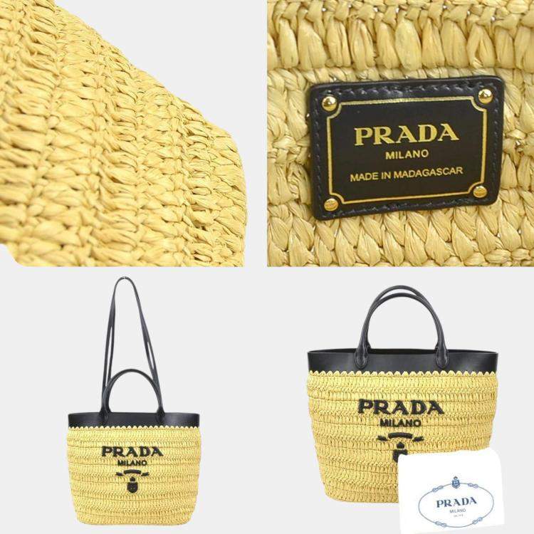 Pre Owned Prada Small Crochet x Leather Rayon Natural Black Handbag