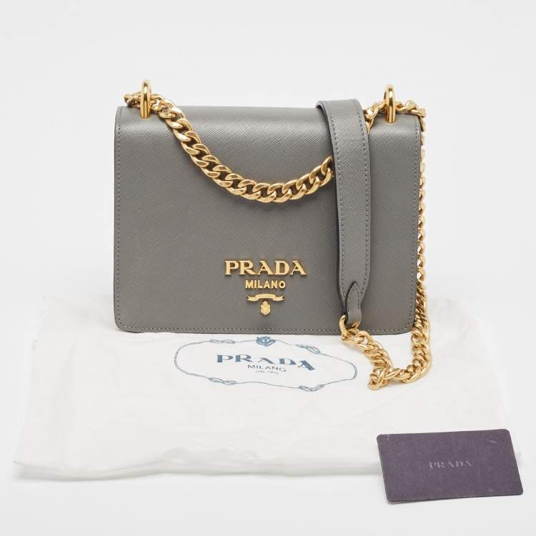 Pre Owned Prada Grey Saffiano Leather Logo Flap Crossbody Bag