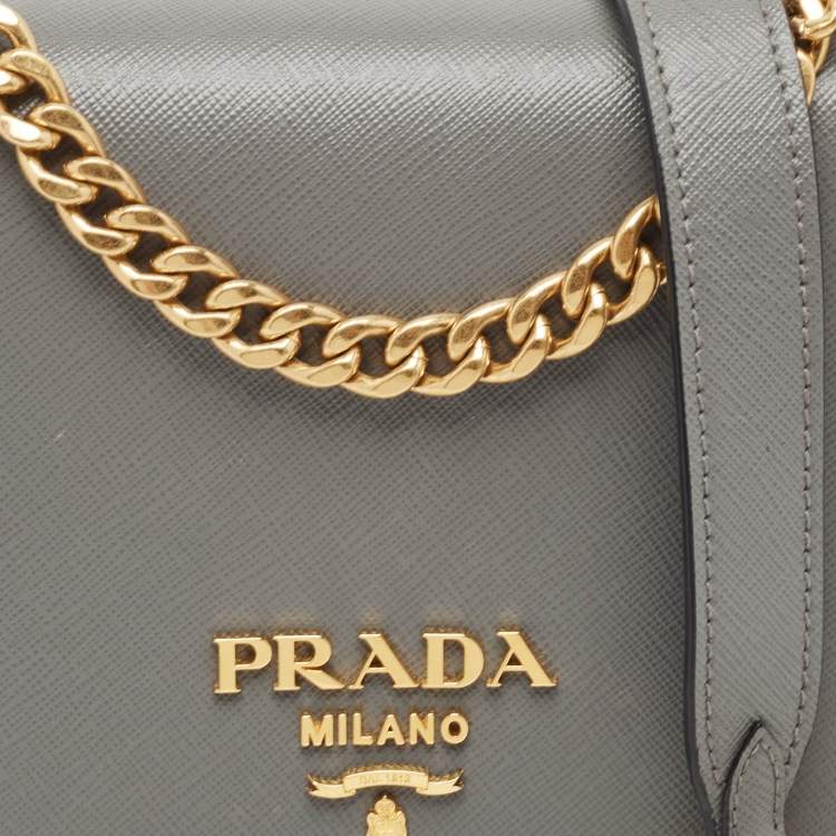Pre Owned Prada Grey Saffiano Leather Logo Flap Crossbody Bag