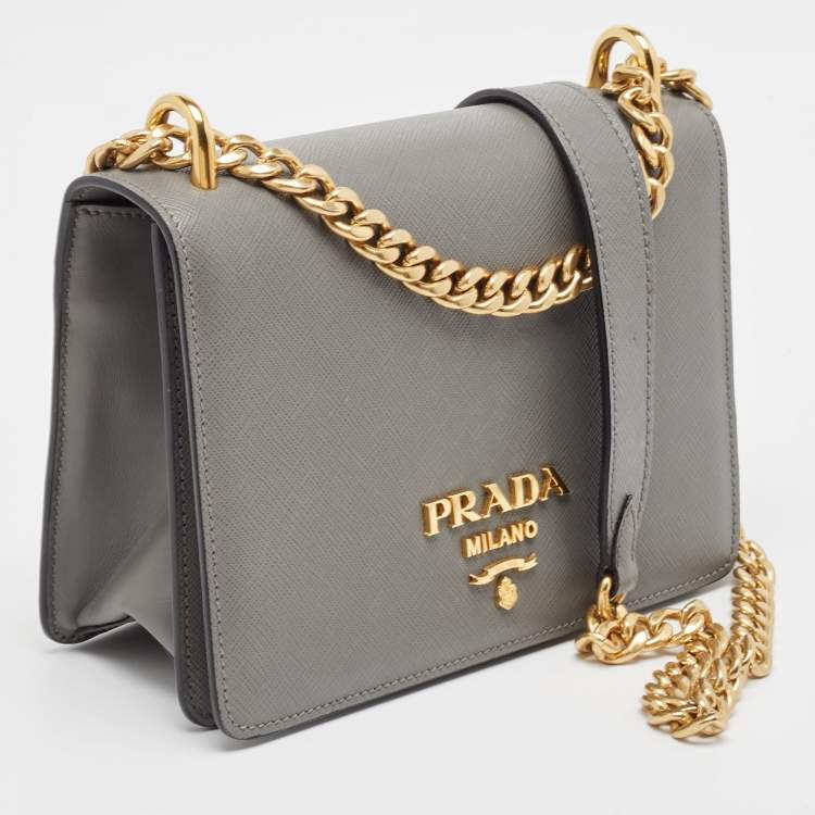 Pre Owned Prada Grey Saffiano Leather Logo Flap Crossbody Bag