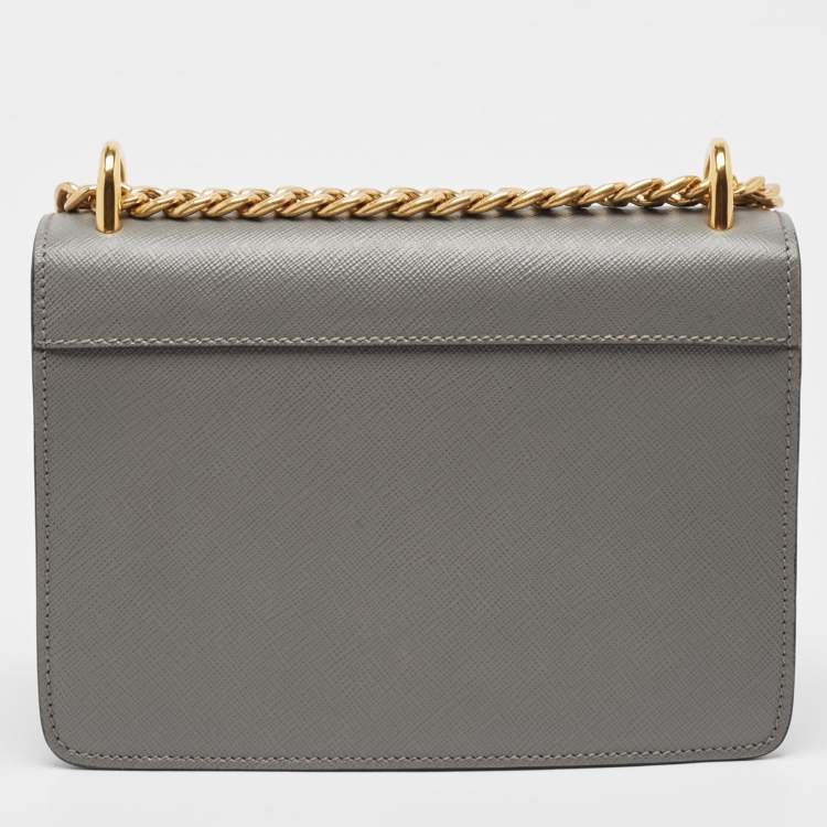 Pre Owned Prada Grey Saffiano Leather Logo Flap Crossbody Bag
