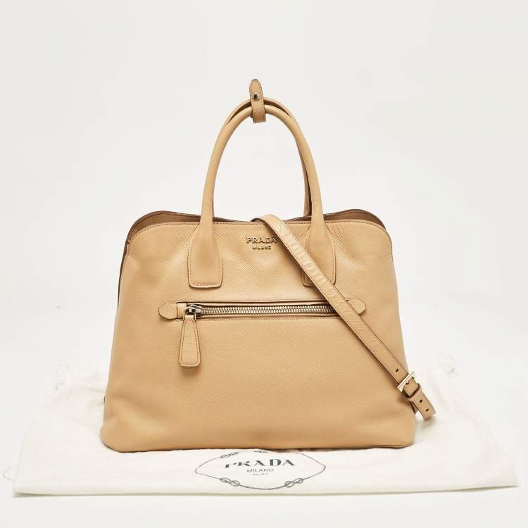 Pre Owned Prada Tan Saffiano Cuir Leather Open Promenade Satchel