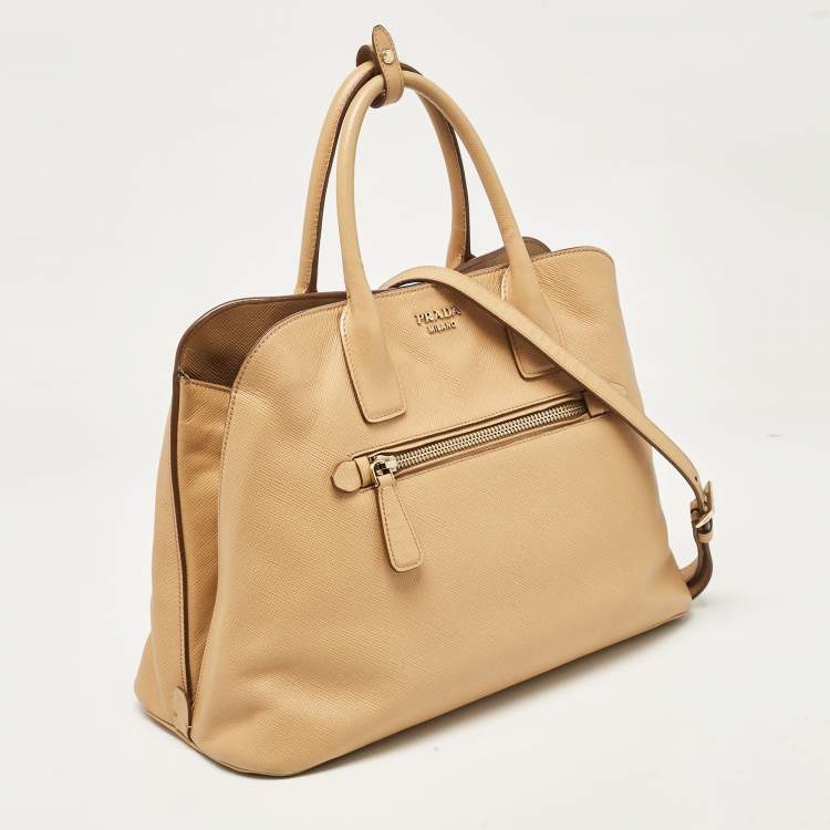 Pre Owned Prada Tan Saffiano Cuir Leather Open Promenade Satchel