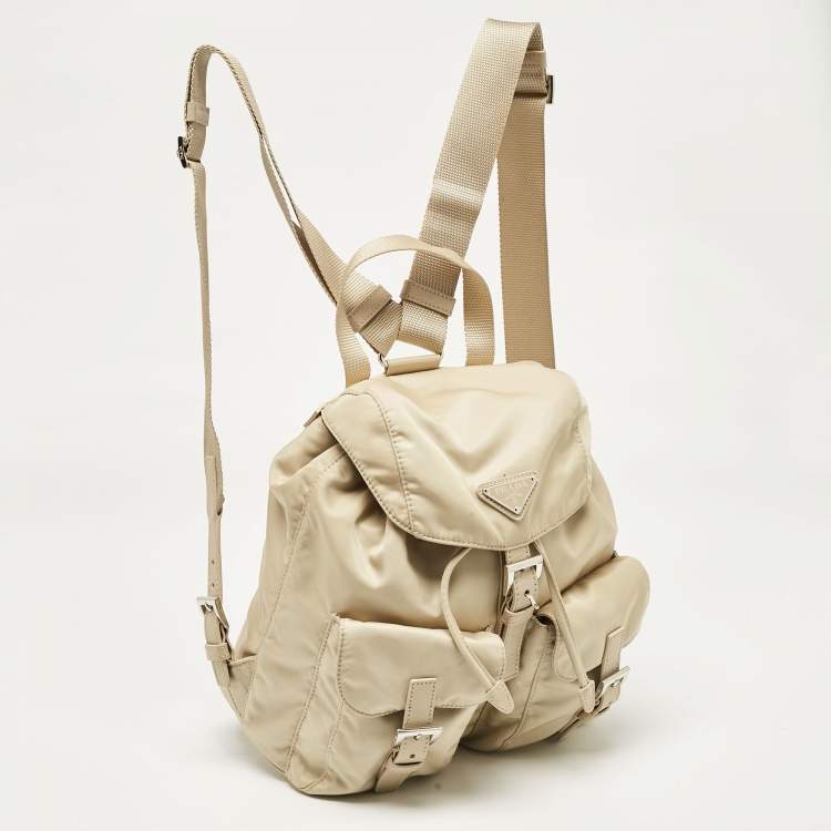 Pre Owned Prada Beige Nylon and Leather Drawstring Backpack