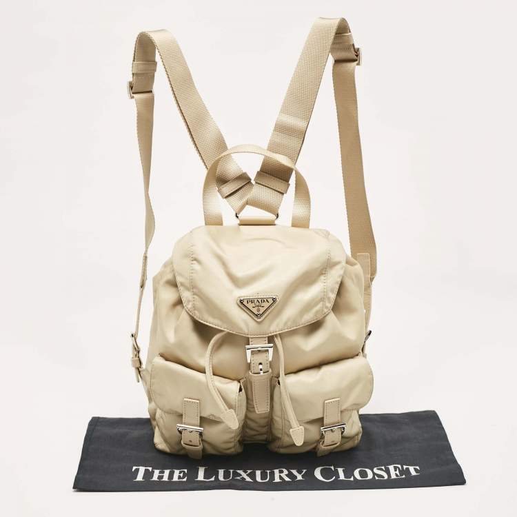 Pre Owned Prada Beige Nylon and Leather Drawstring Backpack