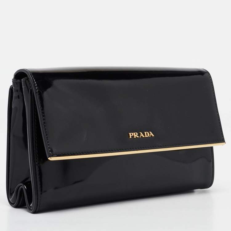 Pre Owned Prada Black Patent Leather Metal Flap Clutch