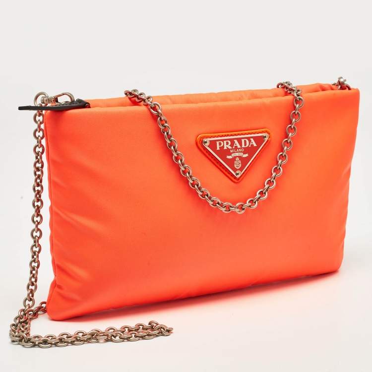 Pre Owned Prada Neon Orange Nylon Chain Clutch