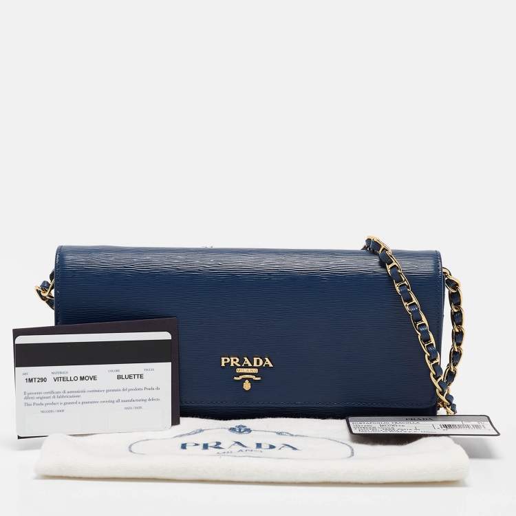 Pre Owned Prada Blue Vitello Move Leather Wallet on Chain