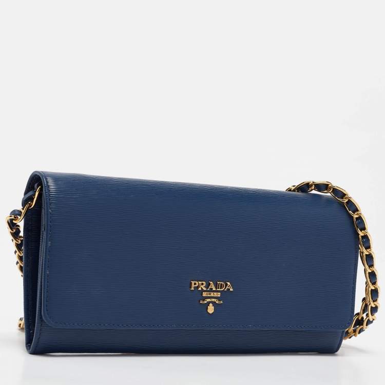 Pre Owned Prada Blue Vitello Move Leather Wallet on Chain